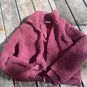 Maroon soft fuzzy zip up jacket with collar